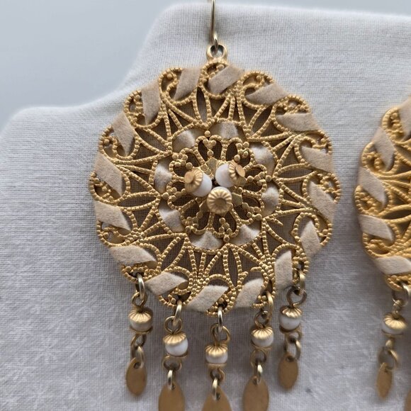 Bohemian Gold Dreamcatcher Dangle Earrings With Intricate Lace Design & Beads - Picture 2 of 6